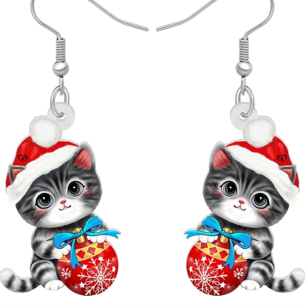 Festive Cat Earrings - Red and Gray